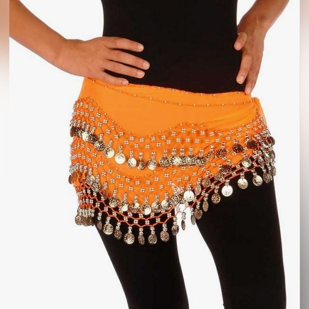 Neon Orange Adorned W/Gold Tone Beads & Coins Chiffon Belly Dance Wrap